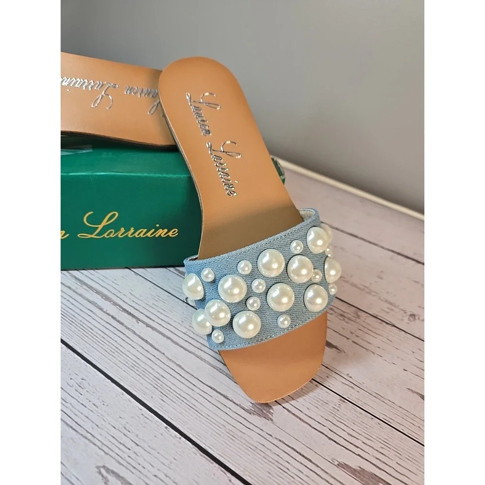 Lauren Lorraine Nilo‎ Pearl Blue Denim Slides Size 6 *New*